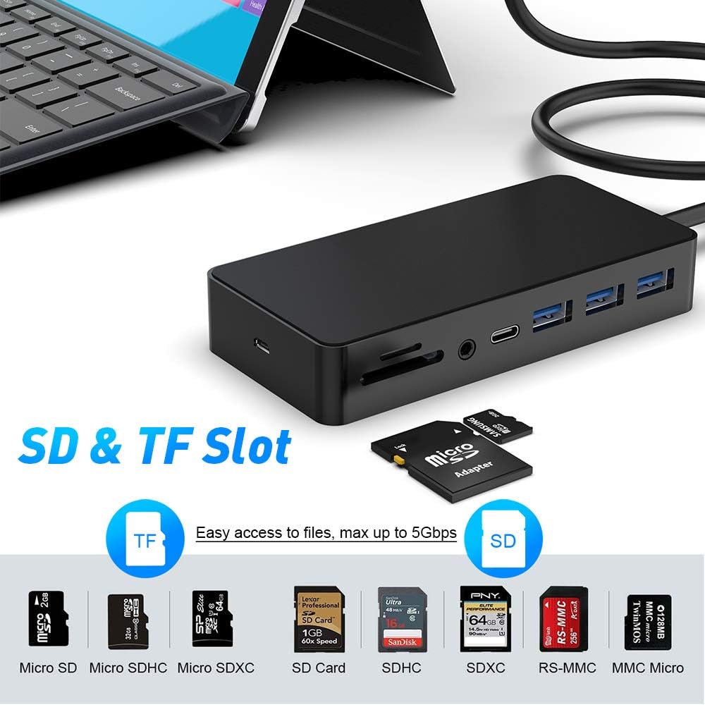 Dual Monitor Docking Station for Surface Pro with DP, HDMI, VGA, USB, RJ45, USB C, SD TF Slot, Audio R1994