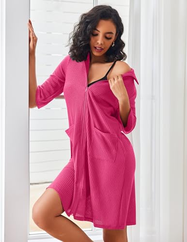 Short Waffle Knit Bathrobe with Pockets B429