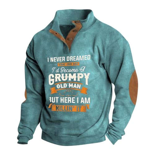 Men's Casual Stand Collar Sweatshirt Button Up Loose Single Breasted Sweaters with Elbow Patches D751092