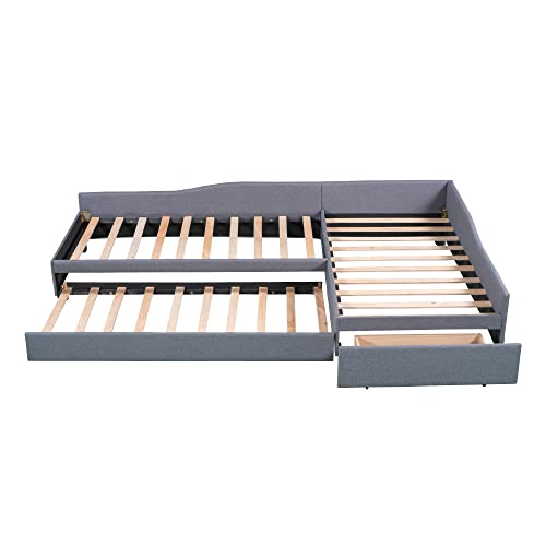 L Shaped Upholstered Double Size Daybed with Trundle and Storage Drawer, Gray Y462