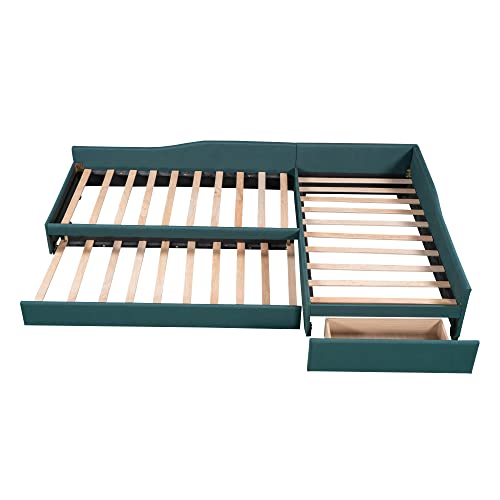 L Shaped Upholstered Double Size Daybed with Trundle and Storage Drawer, Gray Y462