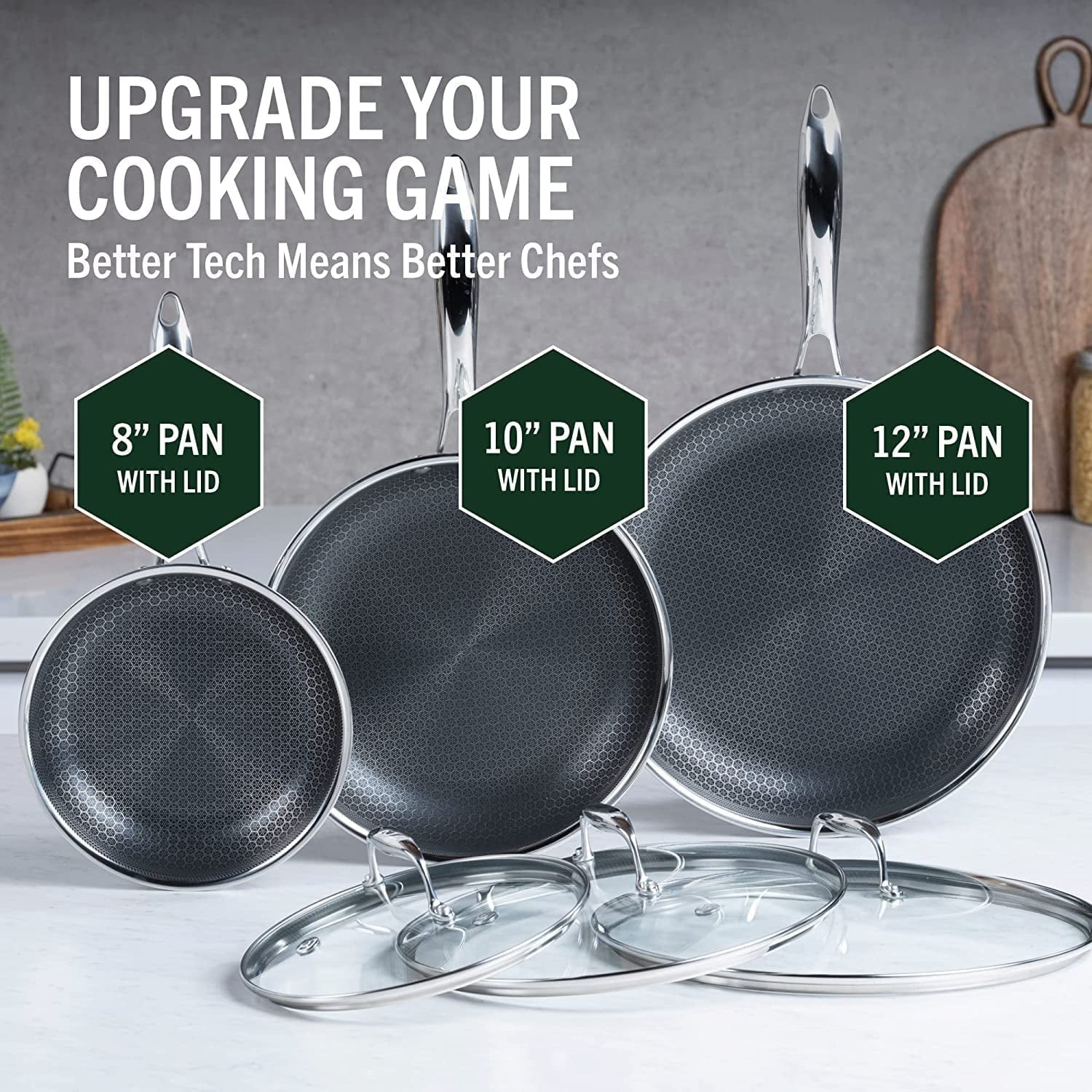 6 Piece Hybrid Stainless Steel Non-Stick Cookware Pan Set with Glass Lids U168845
