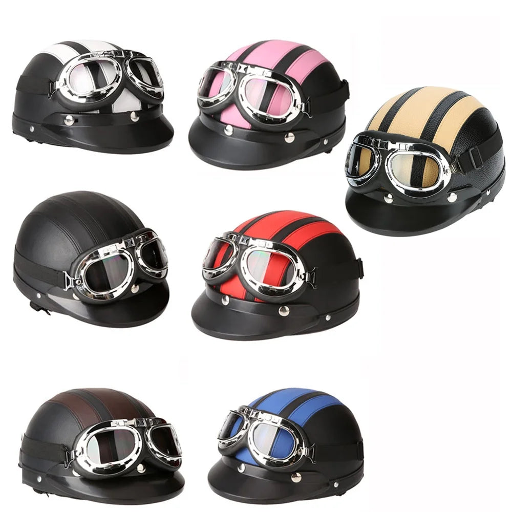 Motorcycle Scooter Open Face Half Leather with Visor Goggles Q308