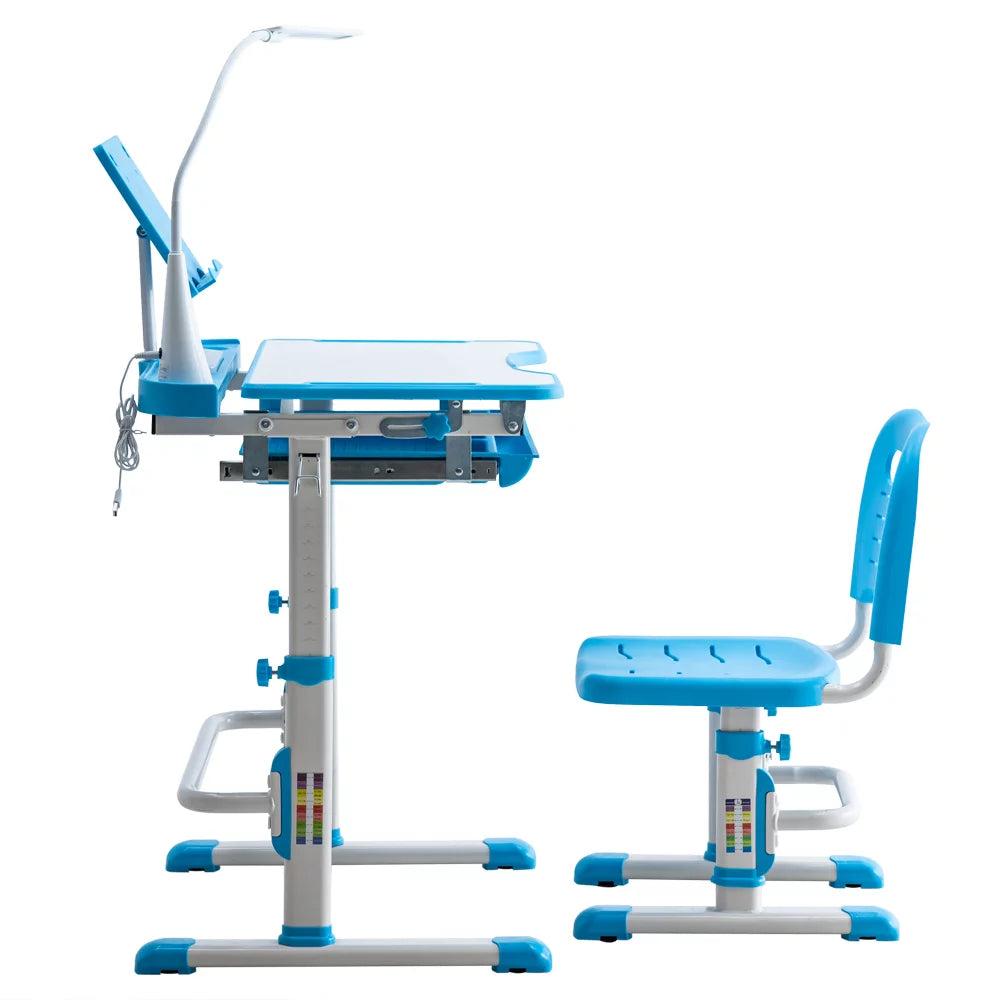 Height Adjustable Wood Kids Desk and Chair Set with Led Light and Bookstand V280347