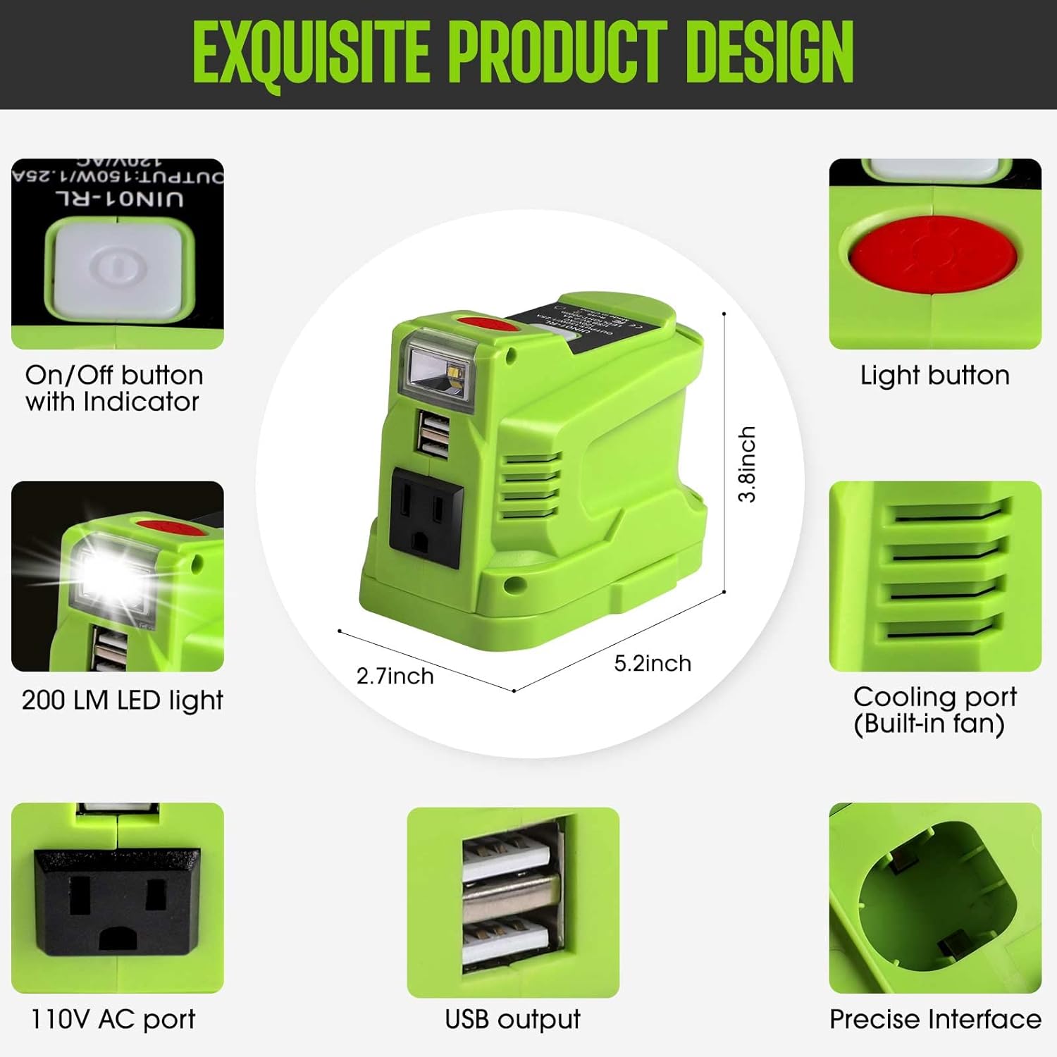 Portable Power Inverter Generator 150 Watt for 18V Battery to 110v/120v AC Output with USB Charger Adapter and LED Light Q747194