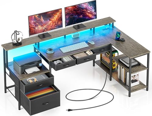 Black L Shaped Desk with File Drawers, Power Outlet & LED Lights D70872