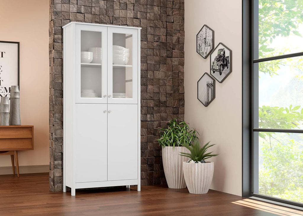 4-Door Bookcase in White with Glass and Wood J2388