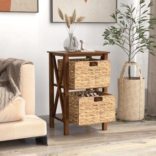 2-Tier Nightstand with Wicker Baskets Set of 2, Walnut U37222