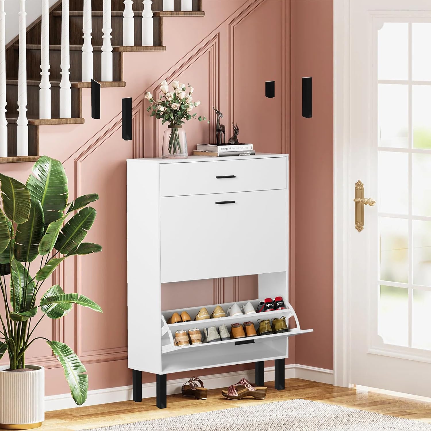 White Wooden Shoe Cabinet with 2 Flip Drawers T302185