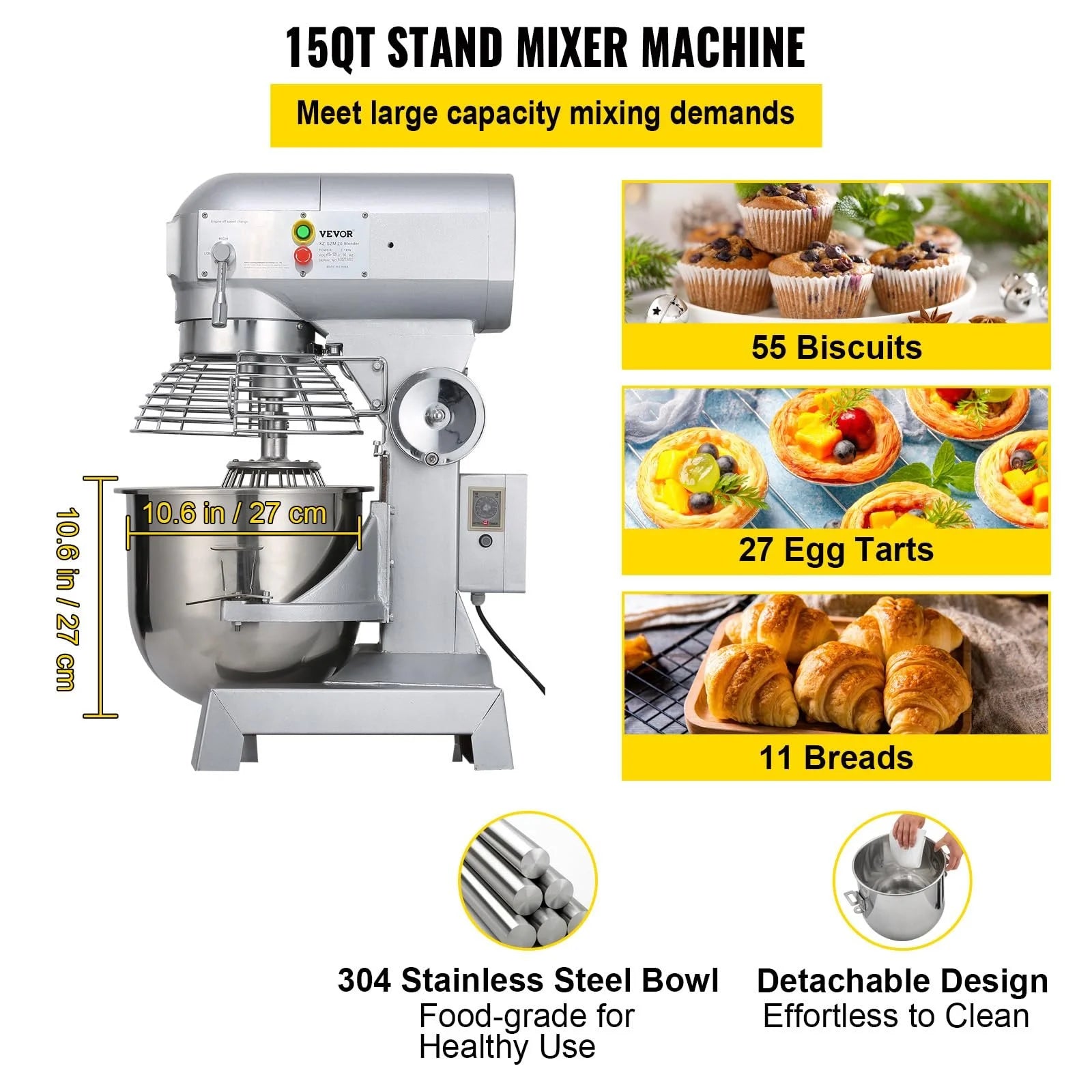 15Qt 600W 3 Speeds Stainless Steel Bowl Food Mixer A8919
