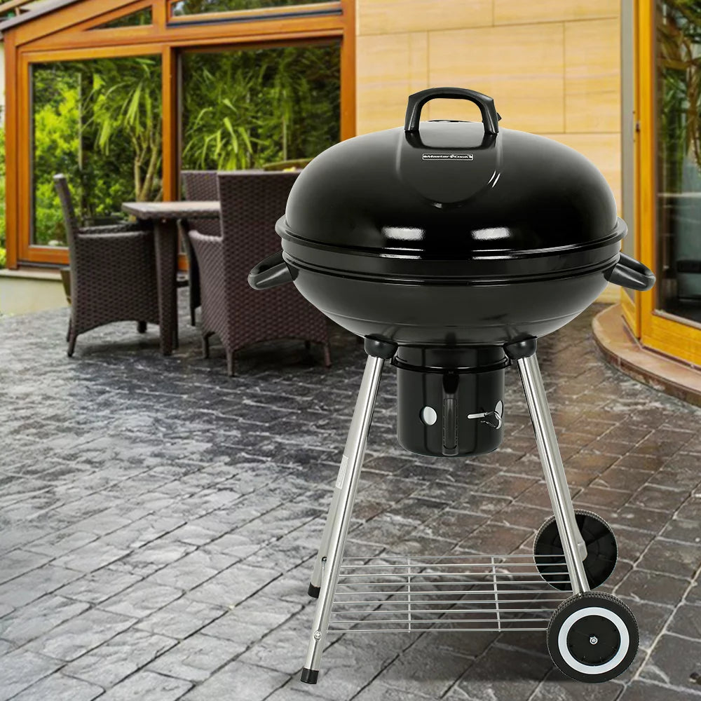 22" Round Portable Charcoal Kettle Grill With 2 Wheels, Black A868