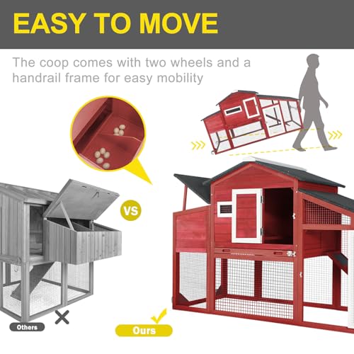 Large Wooden Chicken Coop with Wheels Waterproof Outdoor Hen House Poultry Cage with Run Laying Boxes and Secure Enclosure T3606