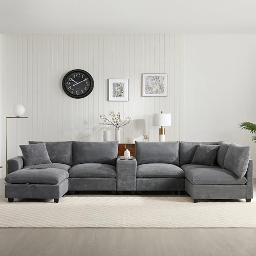 Oversized Modular Sectional Sofa with Storage Ottoman and Console, Gray W2490