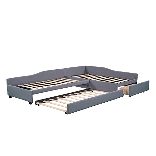 L Shaped Upholstered Double Size Daybed with Trundle and Storage Drawer, Gray Y462