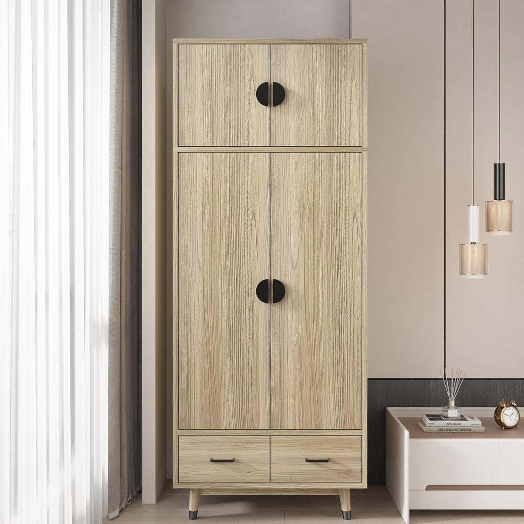 Oak 2-Door Wood Wardrobe Closet with 2 Drawers and Hanging Rod B948