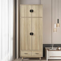Oak 2-Door Wood Wardrobe Closet with 2 Drawers and Hanging Rod B948