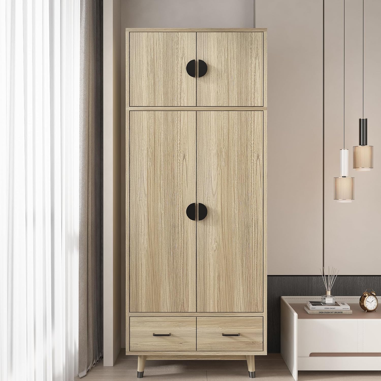 Oak 2-Door Wood Wardrobe Closet with 2 Drawers and Hanging Rod B948