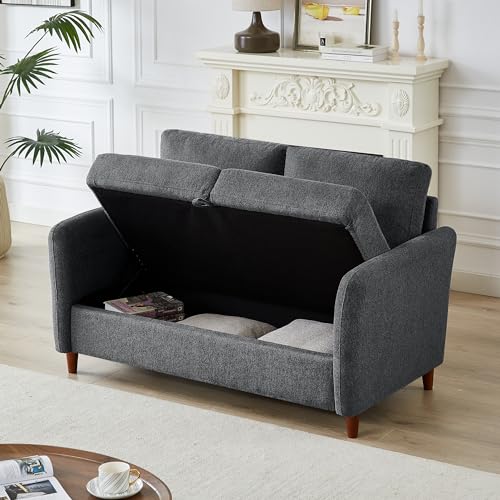 Dark Grey 3-Seat Linen Sofa with Storage and 2 Pillows T8245