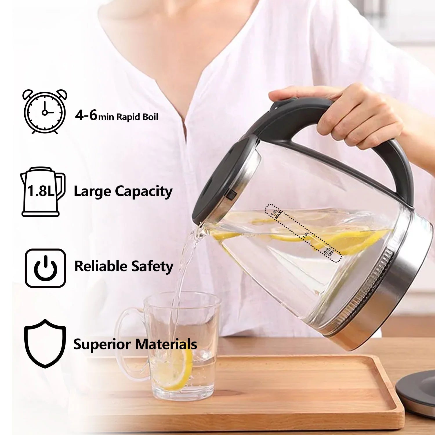 1.8 Liter Glass and Steel Electric Kettle with Auto Shut-Off U735457