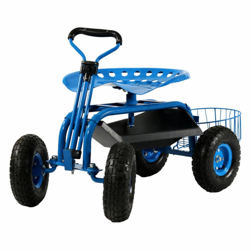 Blue Rolling Garden Cart with Extendable Steering Handle, Swivel Seat O20298