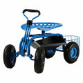 Blue Rolling Garden Cart with Extendable Steering Handle, Swivel Seat O20298
