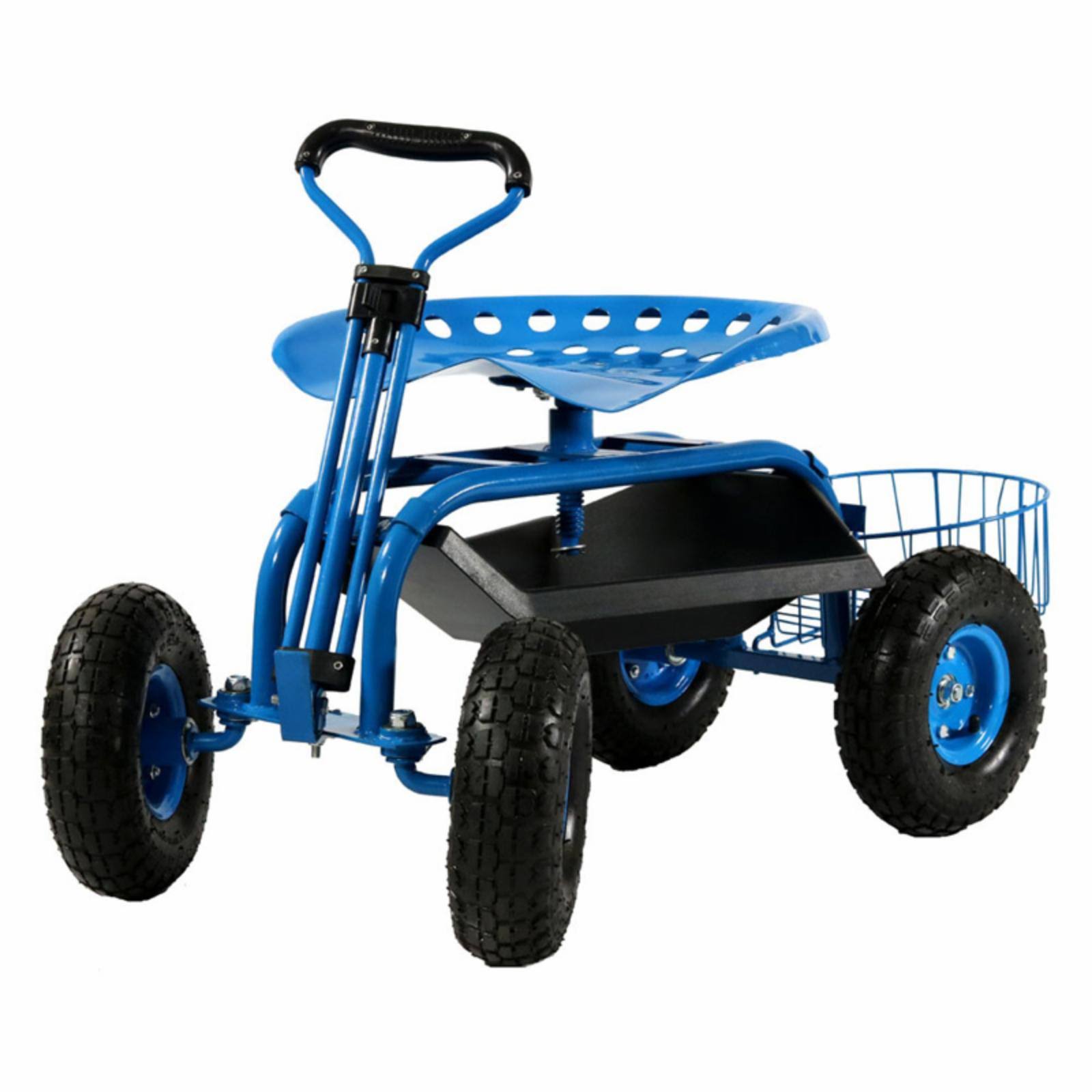 Blue Rolling Garden Cart with Extendable Steering Handle, Swivel Seat O20298