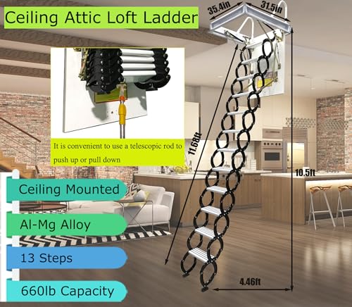 Attic Ladder 13 Steps Telescoping Folding Ladder, 31.5 x 35.4 Inch, 10.5 ft Height, 660lb Capacity V4406