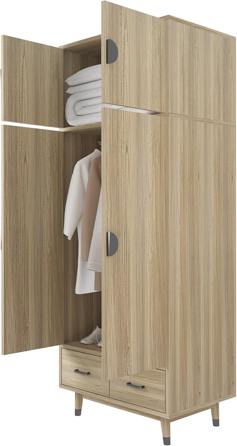 Oak 2-Door Wood Wardrobe Closet with 2 Drawers and Hanging Rod B948