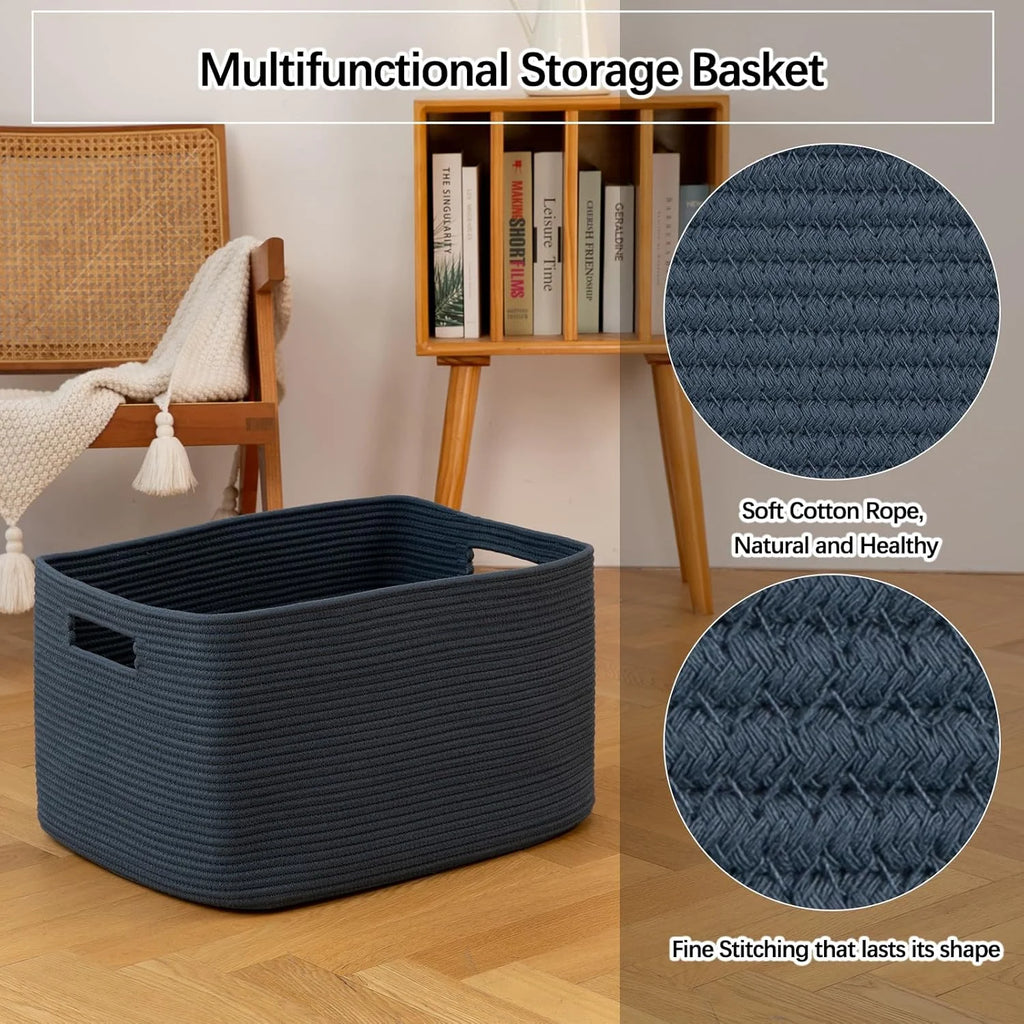 75L Large Woven Cotton Rope Blanket Storage Basket with Handle T4989