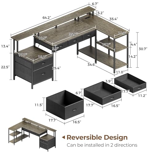 Black L Shaped Desk with File Drawers, Power Outlet & LED Lights D70872