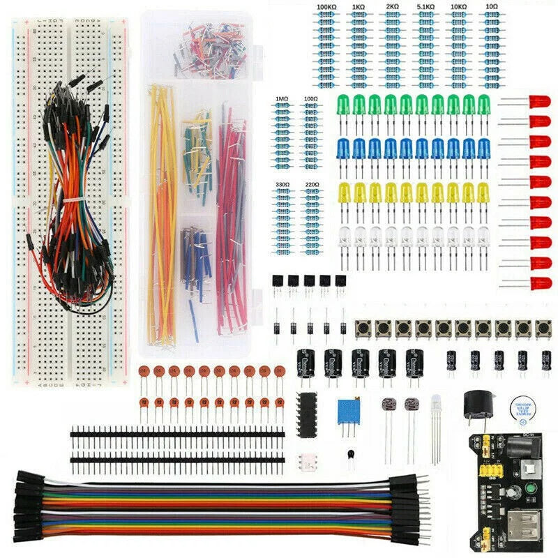 Basic Component Starter Kit with Breadboard Power Supply Jumper Wires Resistors Capacitors LED Z9824
