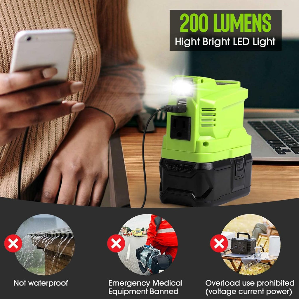 Portable Power Inverter Generator 150 Watt for 18V Battery to 110v/120v AC Output with USB Charger Adapter and LED Light Q747194