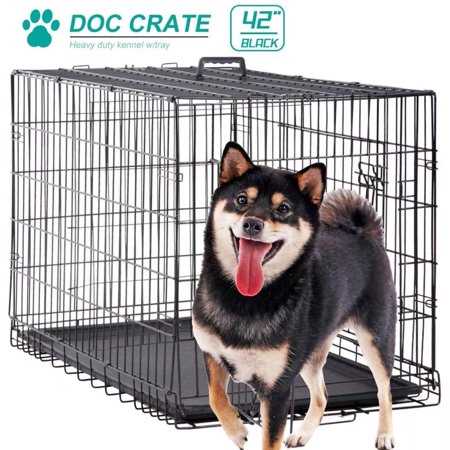 Black 42 inch Folding Dog Cage with Plastic Tray T4798
