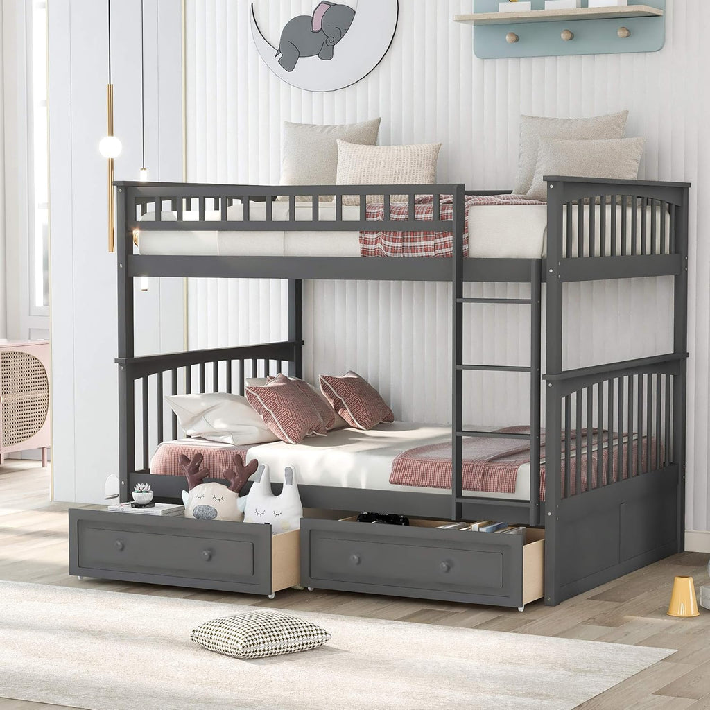 Gray Wood Full Over Full Bunk Bed with Drawers N328