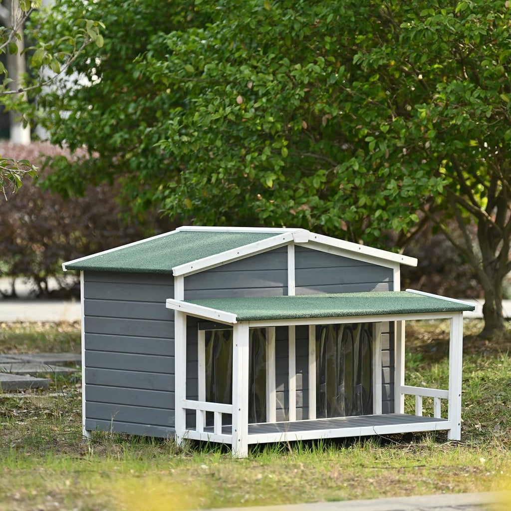 Gray Green Wooden Dog House with Porch 2 Doors S412