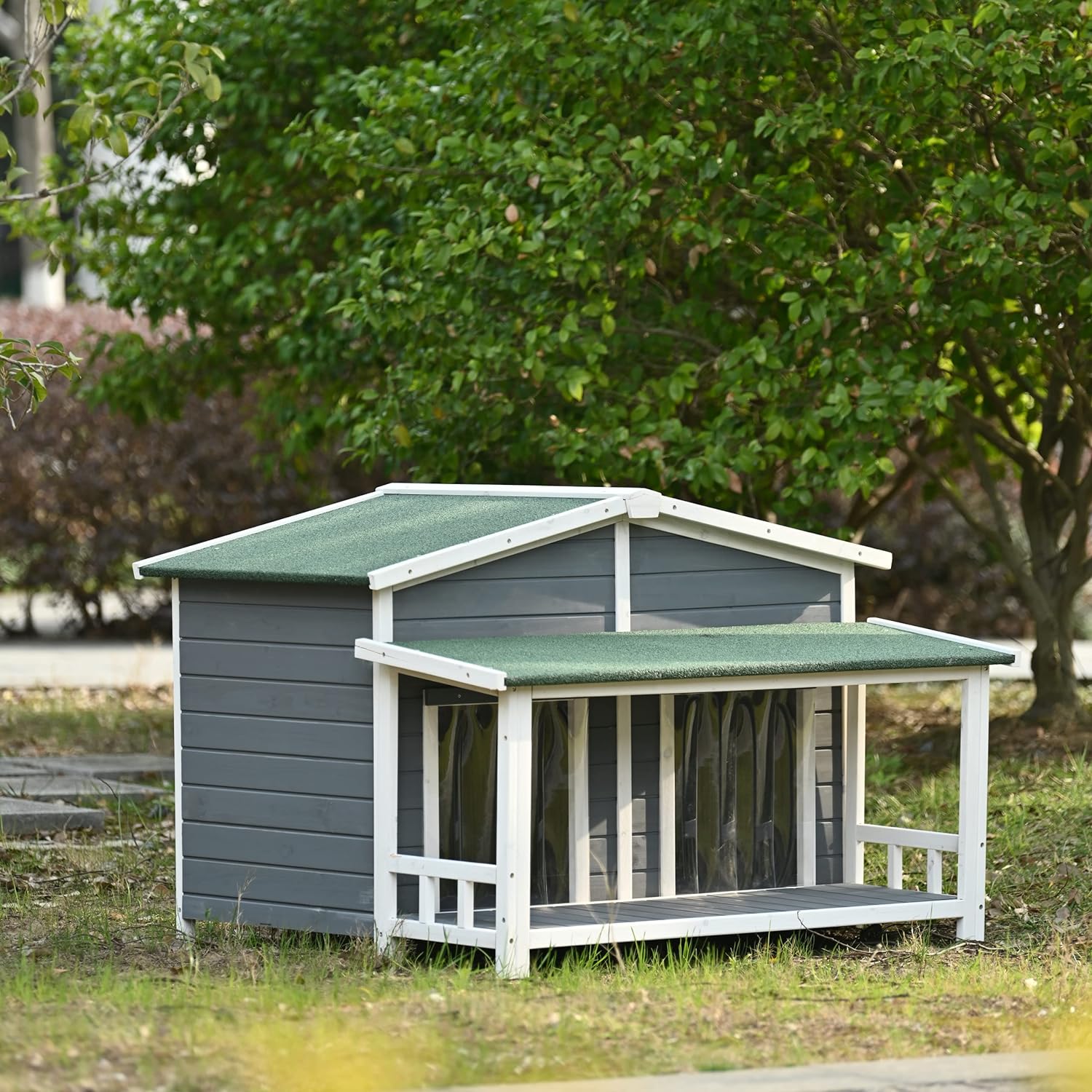 Gray Green Wooden Dog House with Porch 2 Doors S412