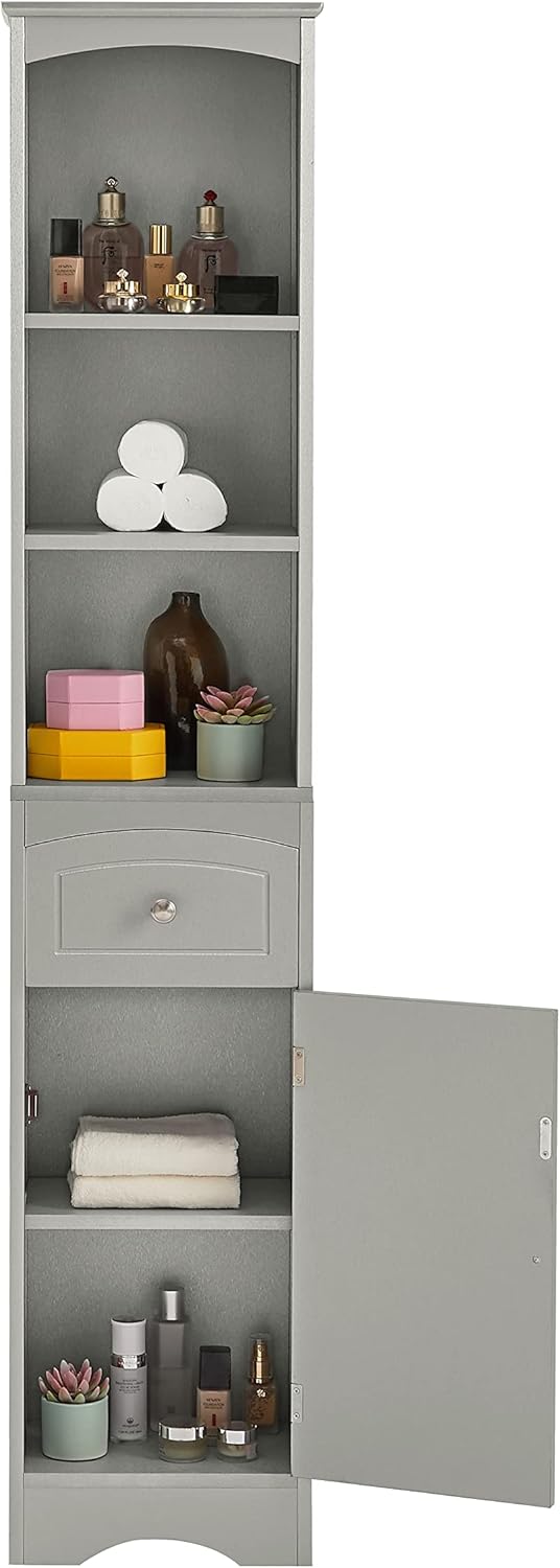 Grey Tall Slim Bathroom Storage Cabinet with 3-Tier Adjustable Shelf and 1 Drawer S365