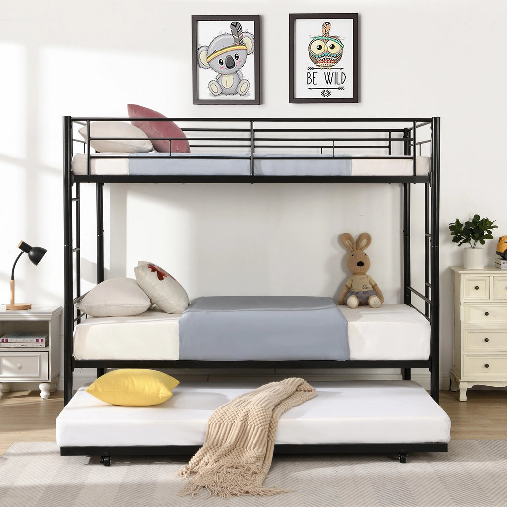 Black Twin Over Twin Metal Bunk Bed with Trundle W353