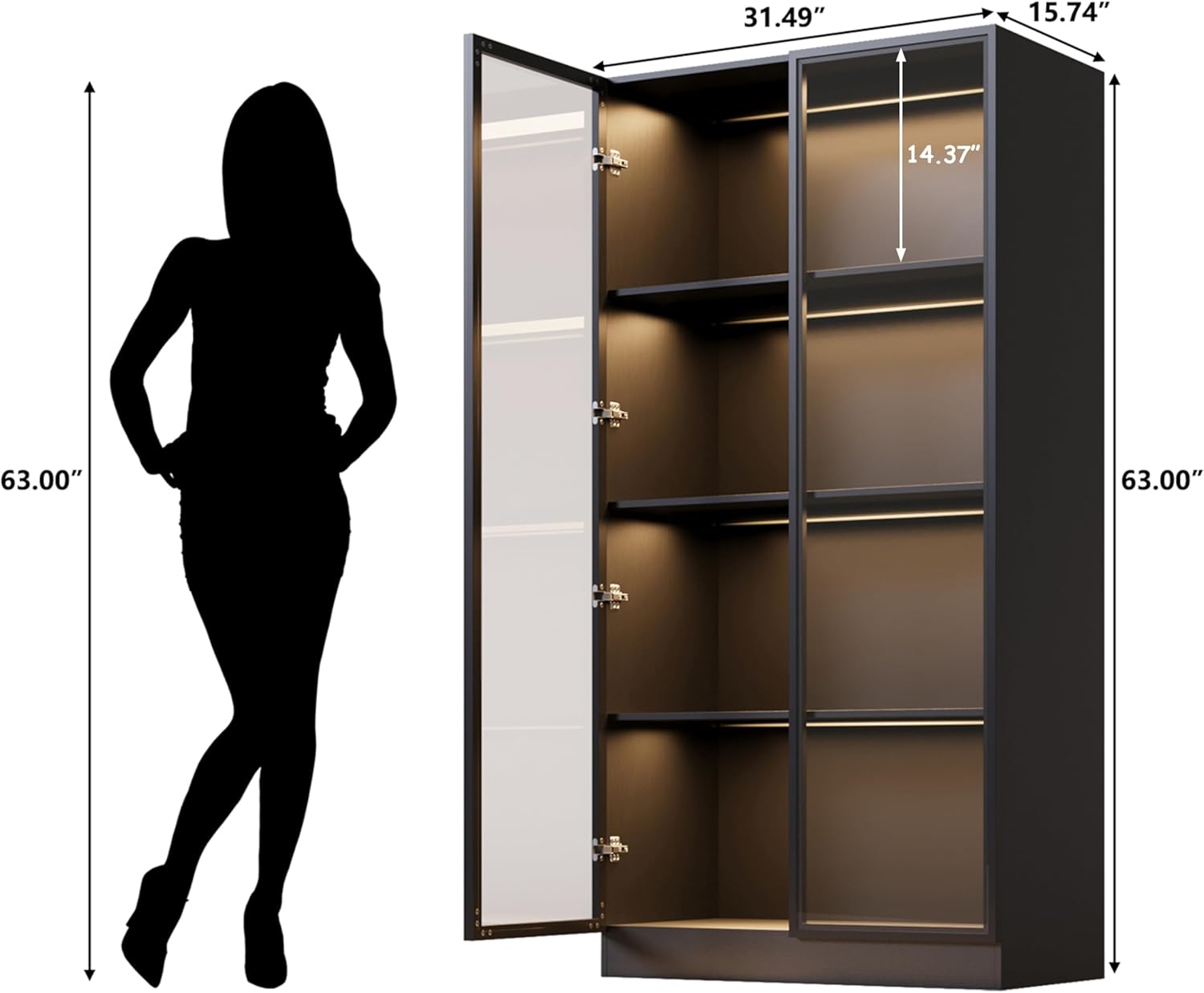 Black 4-Tier Display Cabinet with Glass Doors & Lights M9225