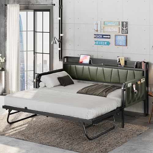Grey Twin Daybed with Trundle Bed and Storage Headboard W66533