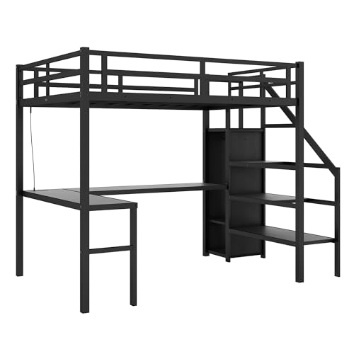 Black Full Size Gaming Loft Bed with Desk and Shelves P77710