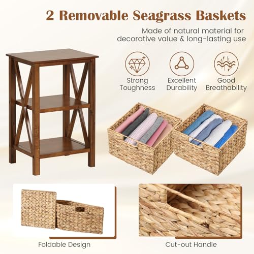 2-Tier Nightstand with Wicker Baskets Set of 2, Walnut U37222