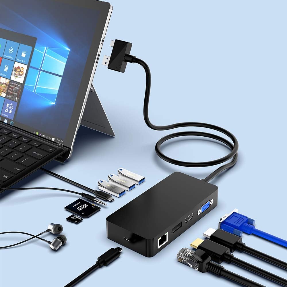 Dual Monitor Docking Station for Surface Pro with DP, HDMI, VGA, USB, RJ45, USB C, SD TF Slot, Audio R1994