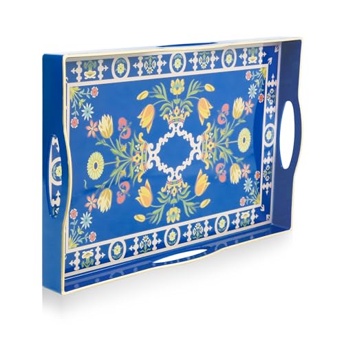 Blue Plastic Serving Tray with Handles, 15.7” x 10.2” x 1.37” V503529