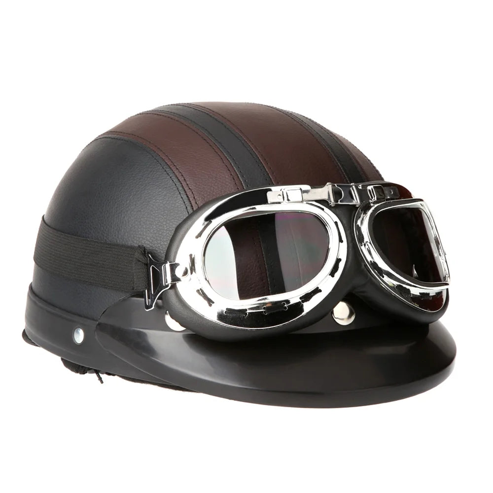 Motorcycle Scooter Open Face Half Leather with Visor Goggles Q308