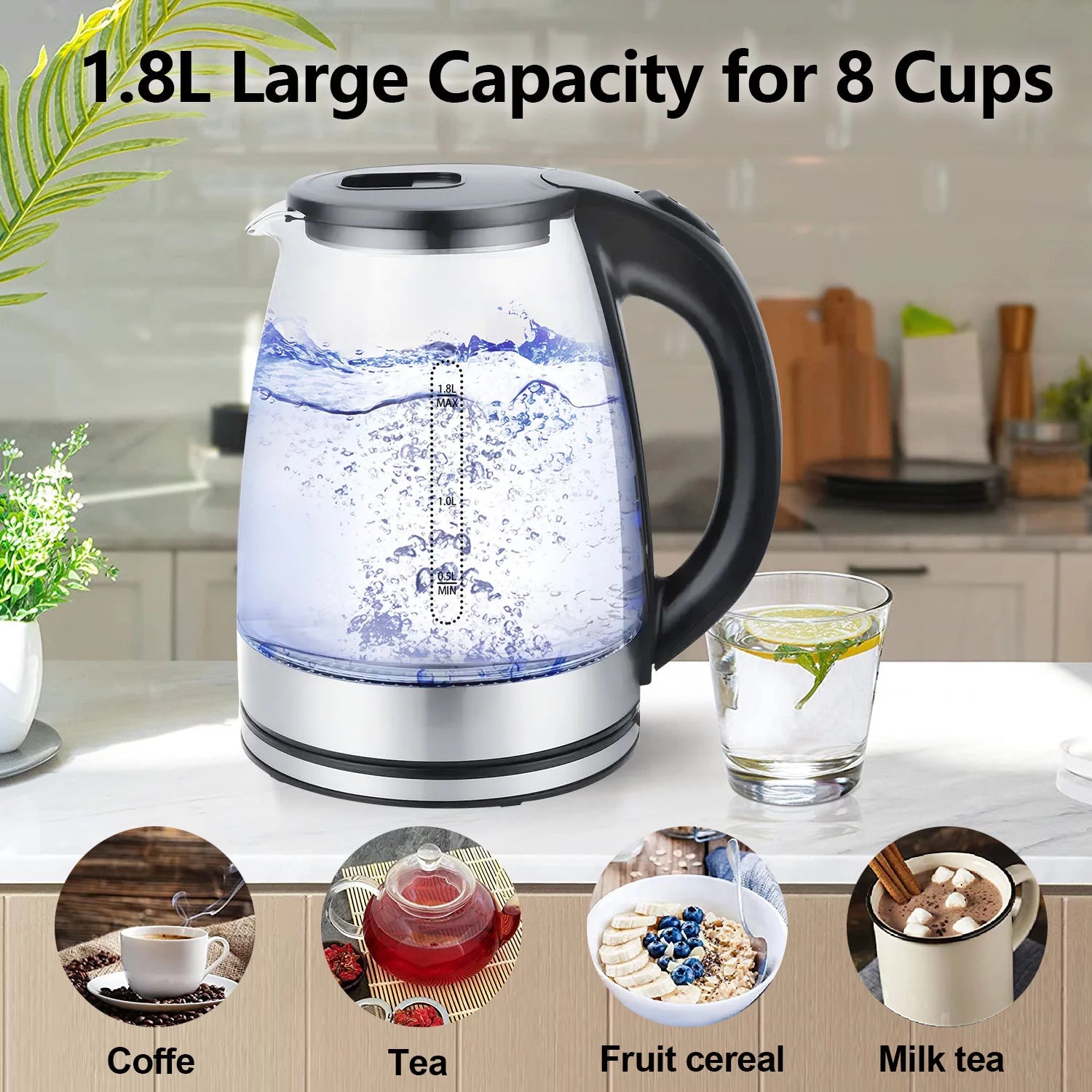 1.8 Liter Glass and Steel Electric Kettle with Auto Shut-Off U735457