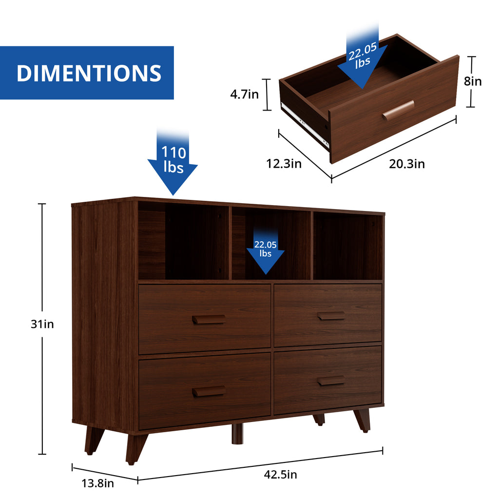 White and Brown 4 Drawers Wood Dresser with 3 Open Shelves I404046