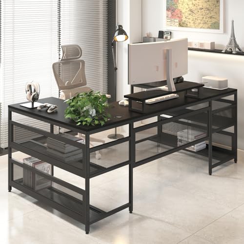 Black U Shaped 82" Computer Desk with LED Lights and Power Outlets N448910