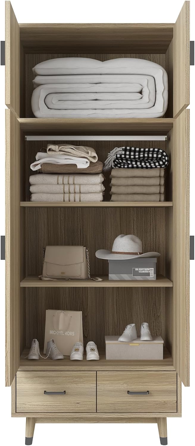Oak 2-Door Wood Wardrobe Closet with 2 Drawers and Hanging Rod B948