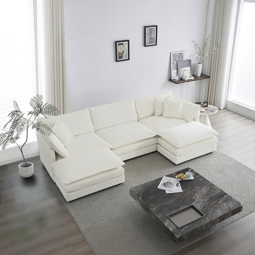 White Oversized Chenille Sectional Sofa with 2 Ottomans Q19689